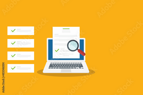 Online digital document inspection or assessment evaluation on laptop computer, contract review, analysis, inspection of agreement contract, compliance verification. Vector illustration  © madedee