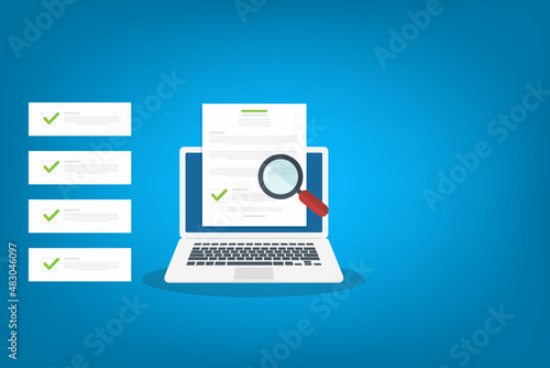 Online digital document inspection or assessment evaluation on laptop computer, contract review, analysis, inspection of agreement contract, compliance verification. Vector illustration	