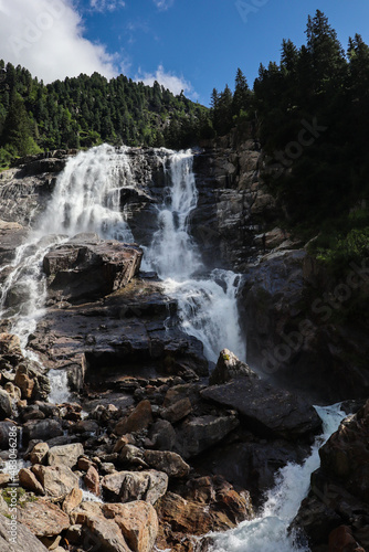 Majestic Grawa Waterrfall in Austrian Stubaital. Powerful Water in Tyrol. Tourist Destination in Summer Austria.