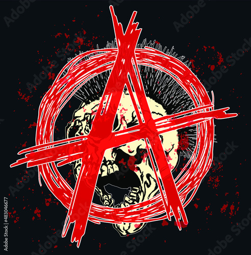 Anarchy symbol with a mohawk hair screaming skull head. Vector hand drawn illustration.