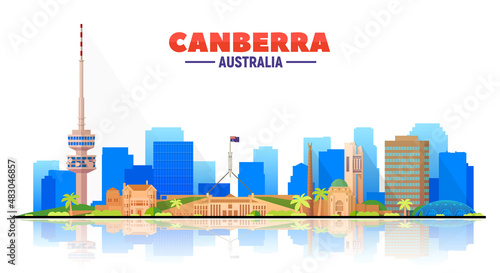 Canberra Australia skyline with panorama in white background. Vector Illustration. Business travel and tourism concept with modern buildings. Image for presentation, banner, website. photo