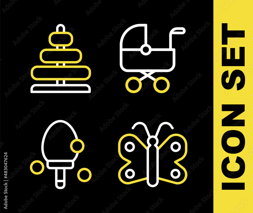 Set line Baby stroller, Butterfly, Racket and Pyramid toy icon. Vector Set line Baby stroller, Butterfly, Racket and Pyramid toy icon. Vector