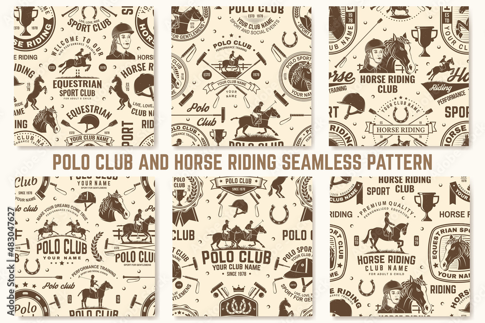 Polo sport club and horse riding seamless pattern. Vector. Vintage monochrome equestrian background with rider and horse silhouettes. For polo sport and horse riding pattern background or wallpaper.