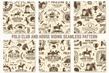 Polo sport club and horse riding seamless pattern. Vector. Vintage monochrome equestrian background with rider and horse silhouettes. For polo sport and horse riding pattern background or wallpaper.