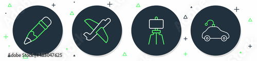 Set line Toy plane, Wood easel, Pencil with eraser and Radio controlled car toy icon. Vector