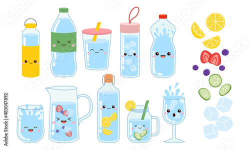 Drink more water campaign with cute bottle and glasses. Flat vector cartoon design