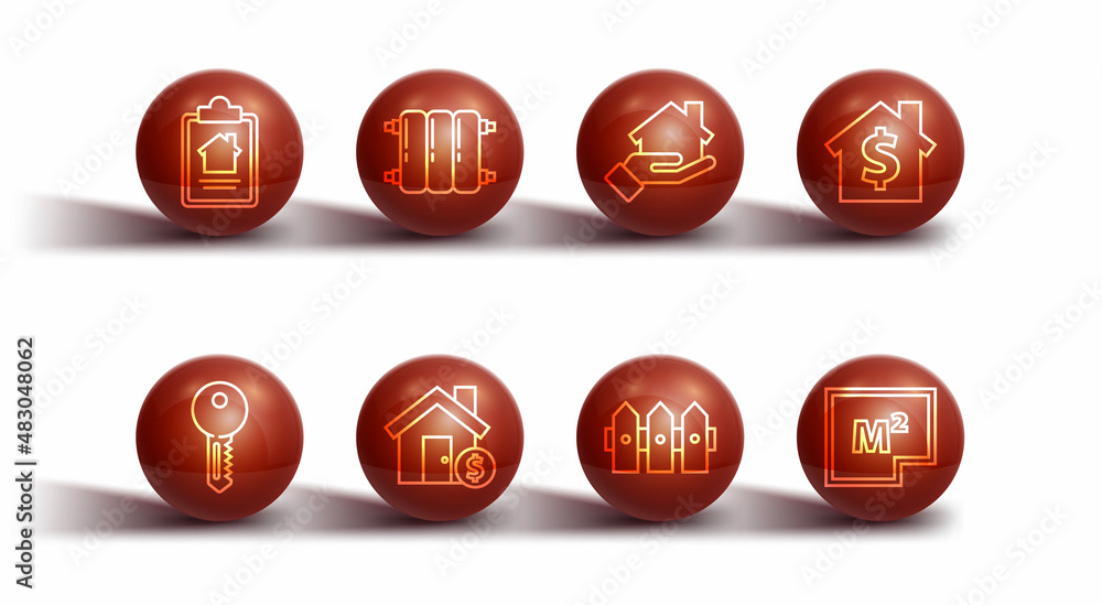 Set line House contract, key, with dollar symbol, Garden fence wooden, Heating radiator, plan and Realtor icon. Vector Set line House contract, key, with dollar symbol, Garden fence wooden, Heating radiator, plan and Realtor icon. Vector