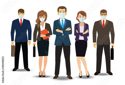 Business man & woman group wearing face mask . Successful business people team characters standing gesturing. new normal office. vector