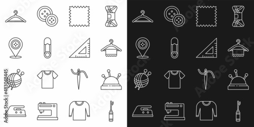 Set line Awl tool, Needle bed and needles, Hanger wardrobe, Leather, Safety pin, Location tailor shop, and Triangular ruler icon. Vector