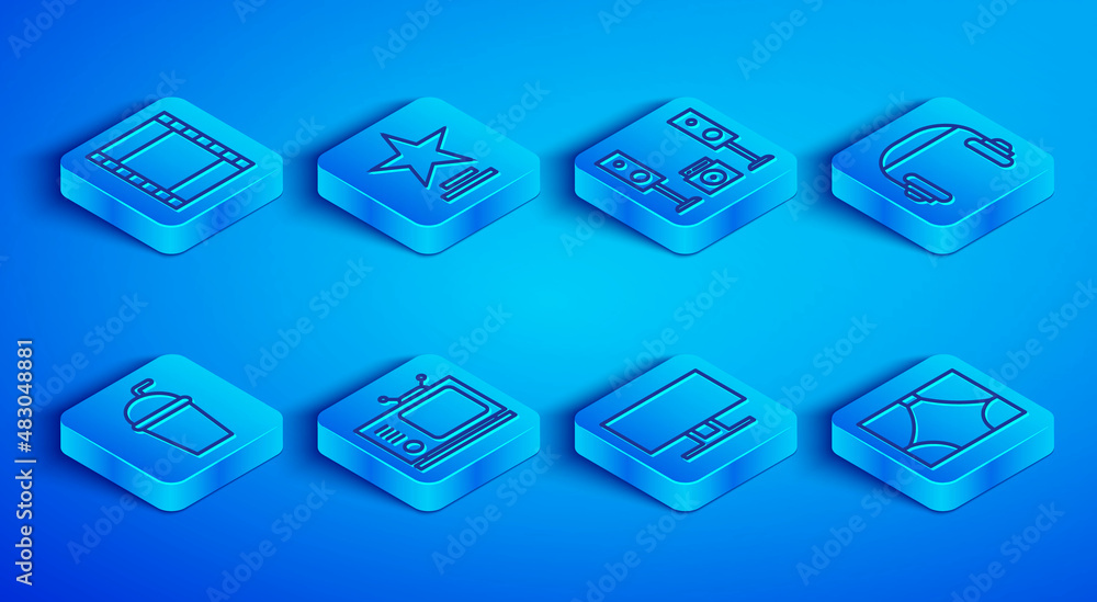 Set line Play Video, Movie trophy, Home stereo with two speakers, Retro tv, Smart Tv, Headphones, Paper glass straw and Curtain icon. Vector Set line Play Video, Movie trophy, Home stereo with two speakers, Retro tv, Smart Tv, Headphones, Paper glass straw and Curtain icon. Vector