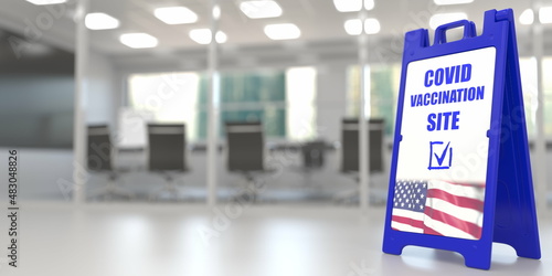 Flag of the USA on a COVID-19 vaccination centre signboard, 3D rendering
