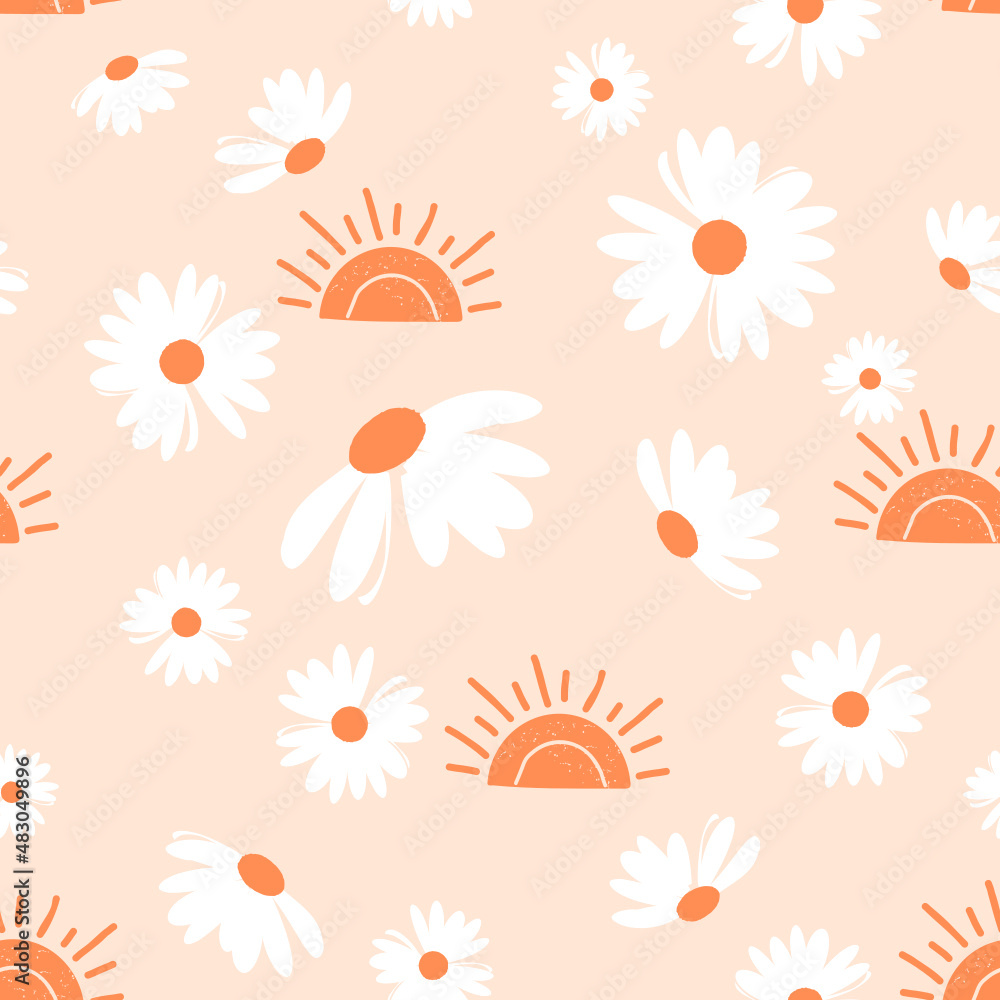 Seamless pattern with daisy flower and sun on orange background vector. Seamless pattern with daisy flower and sun on orange background vector.