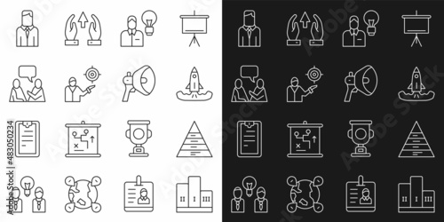 Set line Award over winner podium, Pyramid chart infographics, Rocket, Human with lamp bulb, Marketing target strategy, Two sitting men talking, Worker and Megaphone icon. Vector