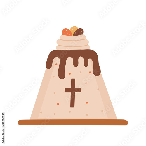 Easter dessert, cottage cheese dish, curd Easter. Decor in the form of a nest with eggs, and cross. Vector Illustration for background, greeting card and seasonal design. Isolated on white background.