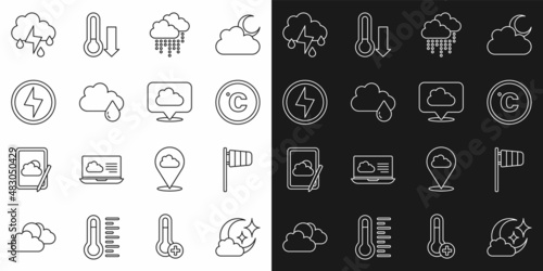 Set line Cloud with moon, Cone windsock wind vane, Celsius, rain, Lightning bolt, and lightning and Location cloud icon. Vector