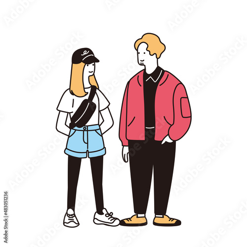 カジュアルファッションの若い男女のシンプルなイラスト