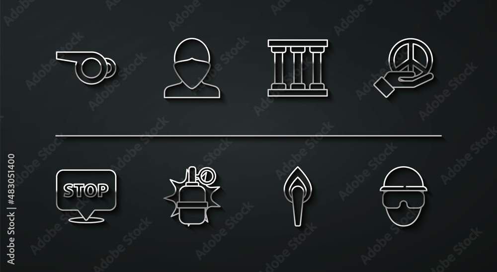 Set line Whistle, Protest, Peace, Torch flame, Hand grenade, Vandal, Special forces soldier and Prison window icon. Vector Set line Whistle, Protest, Peace, Torch flame, Hand grenade, Vandal, Special forces soldier and Prison window icon. Vector