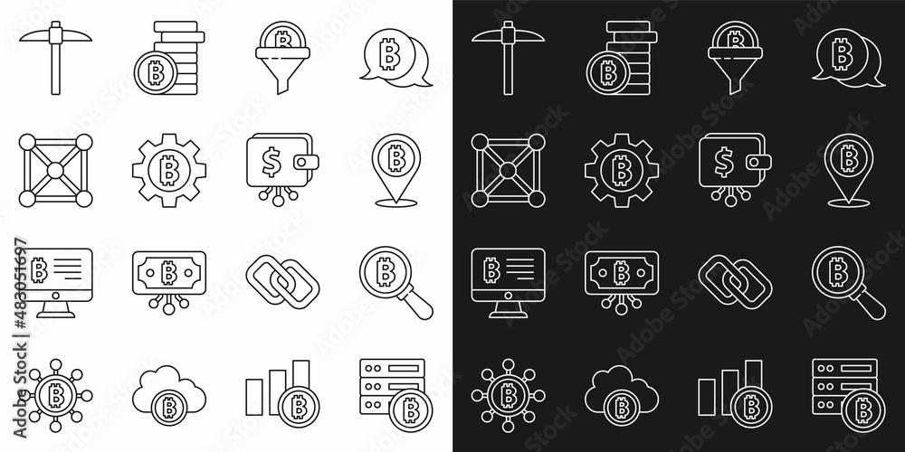 Set line Server bitcoin, Magnifying glass with Bitcoin, Sales funnel, Cryptocurrency, Blockchain technology, Pickaxe and wallet icon. Vector