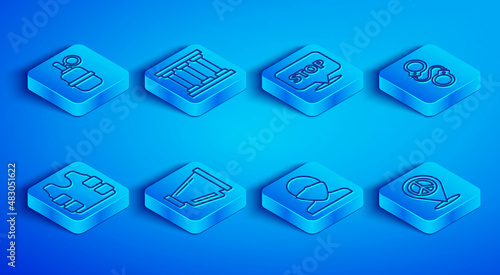 Set line Hand grenade, Prison window, Protest, Megaphone, Vandal, Handcuffs, Bulletproof vest and Location peace icon. Vector