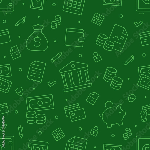 Money green seamless pattern. Vector on green background included line icons as piggy bank, wallet, credit card, banknote, cash, finance outline pictogram for banking