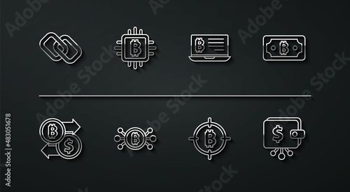 Set line Chain link, Cryptocurrency exchange, bitcoin, Bitcoin the target, circuit, CPU mining farm, wallet and Mining from laptop icon. Vector