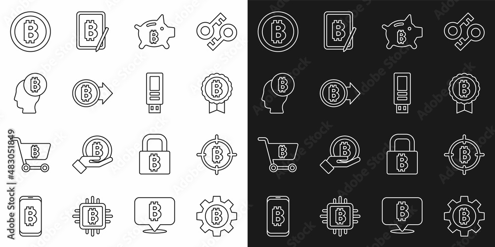 Set line Cryptocurrency coin Bitcoin, the target, Piggy bank bitcoin, think, and USB flash drive icon. Vector