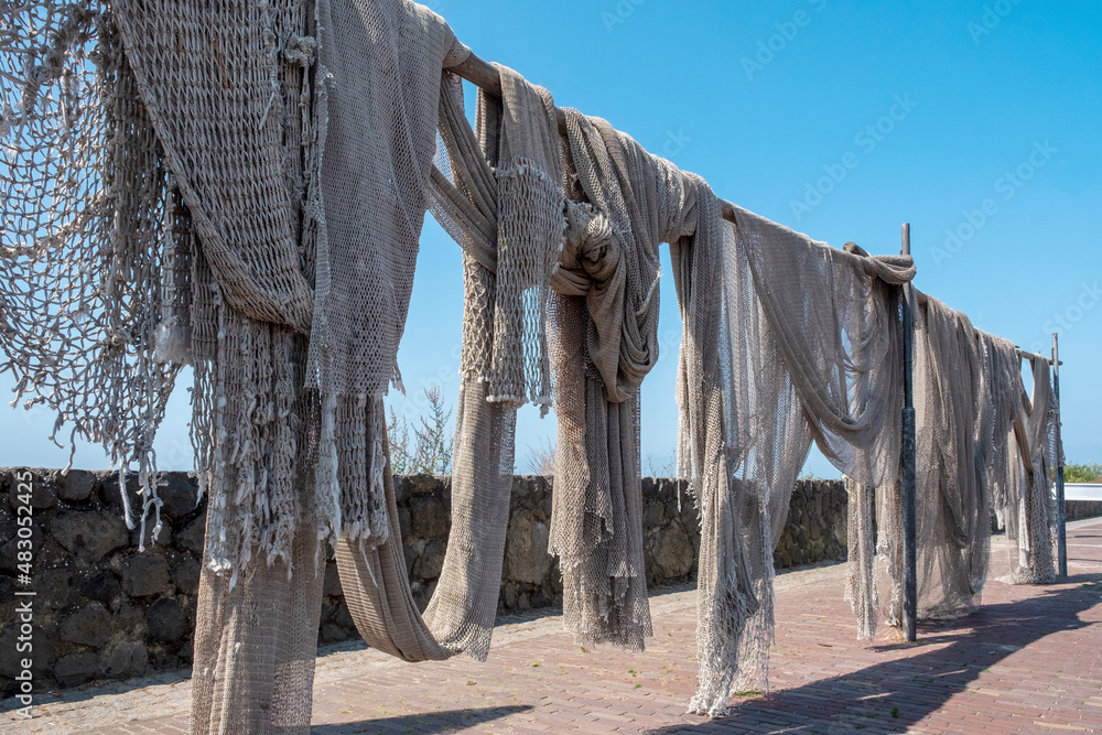 Fishing nets former island of Urk, Noordoostpolder, Flevoland province, The Netherlands  - obrazy, fototapety, plakaty 