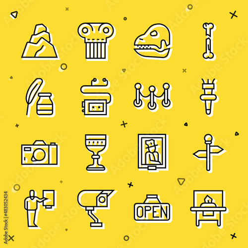 Set line Glass showcase for exhibit, Road traffic signpost, Torch flame, Dinosaur skull, Museum audio guide, Feather and inkwell, Rock stones and Rope barrier icon. Vector