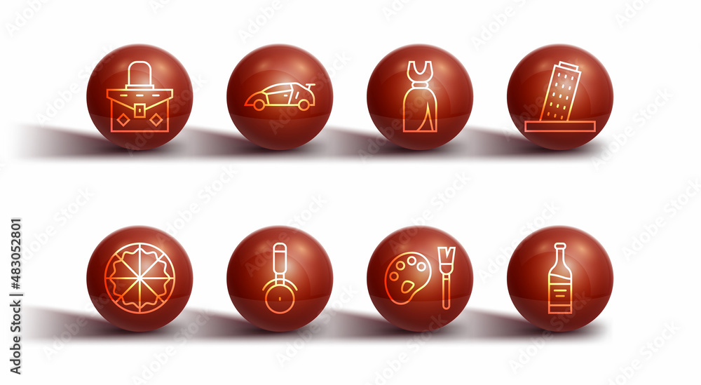 Set line Handbag, Pizza, Tower in Pisa, Paint brush with palette, knife, Sport racing car, Bottle of wine and Woman dress icon. Vector Set line Handbag, Pizza, Tower in Pisa, Paint brush with palette, knife, Sport racing car, Bottle of wine and Woman dress icon. Vector