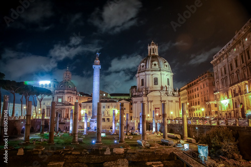 Roman Imperial forums. Ruins. Night shot, selective focus. Rome, Italy