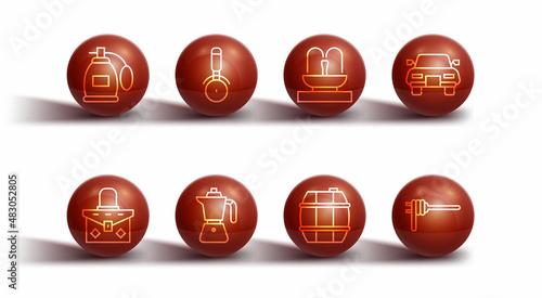 Set line Perfume, Handbag, Car, Barrel for wine, Coffee moca pot, Pizza knife, Pasta spaghetti and Fountain icon. Vector