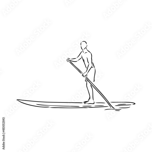 Stand up paddle surfing, boarding. Single female surfer with paddle. Surfrider girl on board. Paddleboarding, SUP fitness. fitness illustration. Abstract isolated contour of surfboarder.