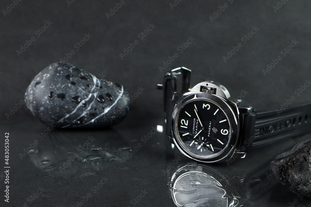 The wrist watch brand Panerai or Pam model 005 is displayed on the