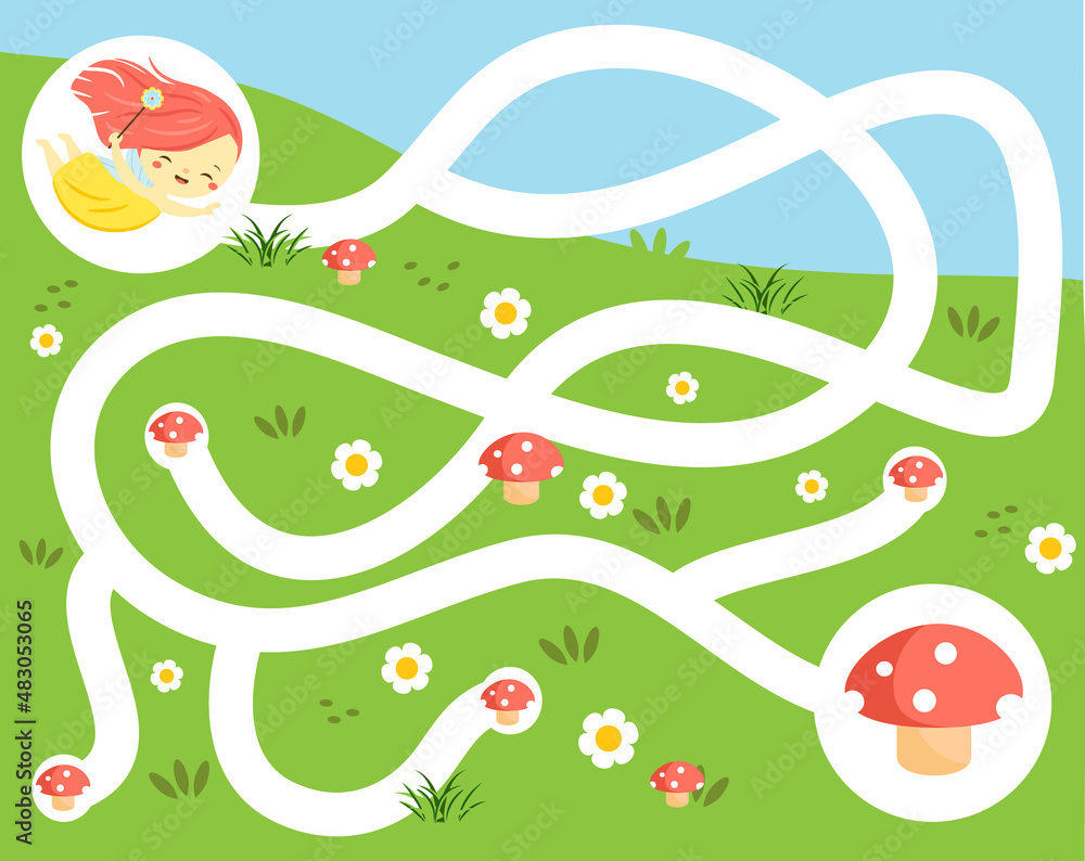 Fototapeta premium Maze puzzle. Help fairy find flowers. Easter egg hunt Activity for and kids. educational children game.