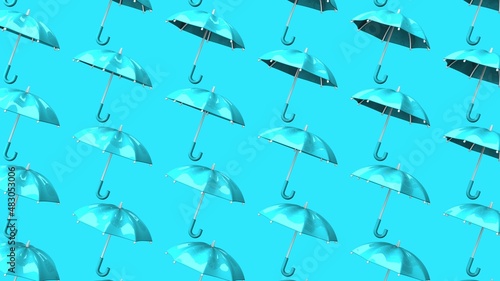 Pale blue umbrellas on blue background. Abstract 3D illustration for background.