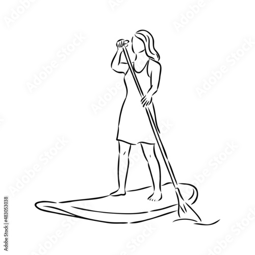Stand up paddle surfing, boarding. Single female surfer with paddle. Surfrider girl on board. Paddleboarding, SUP fitness. fitness illustration. Abstract isolated contour of surfboarder.