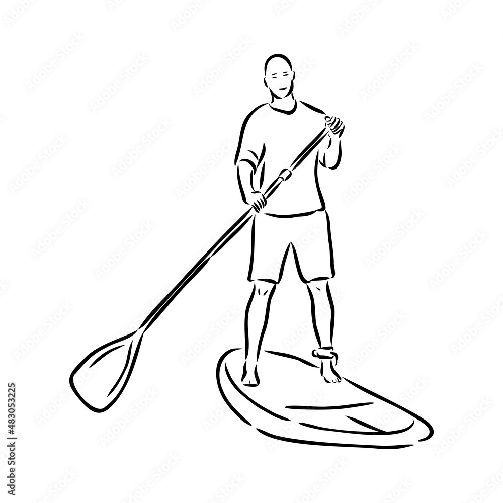 Stand up paddle surfing, boarding. Single female surfer with paddle. Surfrider girl on board. Paddleboarding, SUP fitness. fitness illustration. Abstract isolated contour of surfboarder. Stand up paddle surfing, boarding. Single female surfer with paddle. Surfrider girl on board. Paddleboarding, SUP fitness. fitness illustration. Abstract isolated contour of surfboarder.