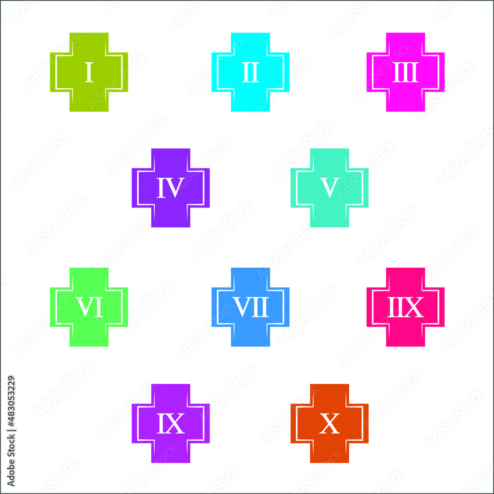 Obraz premium Colorful info-graphic roman numbers can be use to create presentation. Bullet points roman numbers one to ten. Oval shape vector numbers.