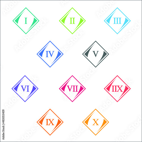 Colorful info-graphic roman numbers can be use to create presentation. Bullet points roman numbers one to ten. Oval shape vector numbers.