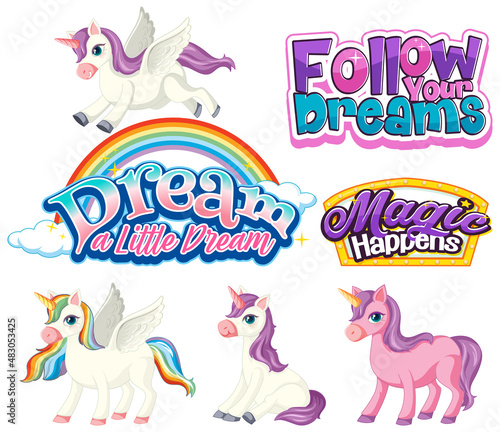Set of unicorn fairy tales cartoon characters