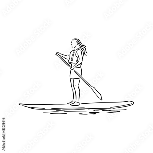Stand up paddle surfing, boarding. Single female surfer with paddle. Surfrider girl on board. Paddleboarding, SUP fitness. fitness illustration. Abstract isolated contour of surfboarder.