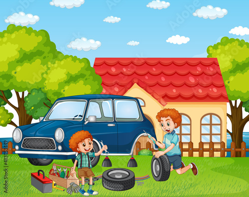 Outdoor scene with dad and son fixing a car together