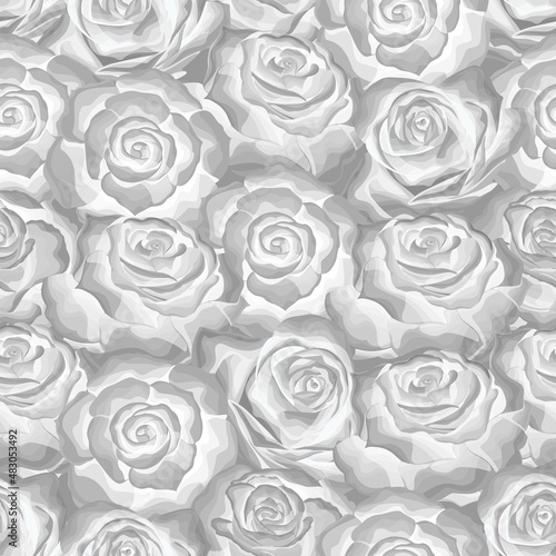 Beautiful white and grey monochrome seamless pattern in roses with contours