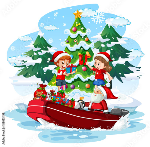 Santa Claus delivering gifts by boat