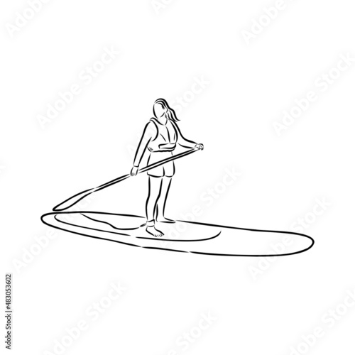 Stand up paddle surfing, boarding. Single female surfer with paddle. Surfrider girl on board. Paddleboarding, SUP fitness. fitness illustration. Abstract isolated contour of surfboarder.