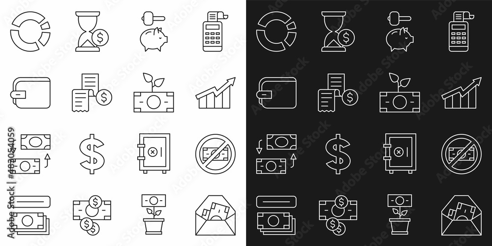Set line Envelope with dollar symbol, No money, Financial growth increase, Piggy bank and hammer, Paper or financial check, Wallet, Pie chart infographic and Money plant the pot icon. Vector