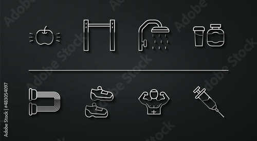 Set line Apple, Chest expander, Sports nutrition, Bodybuilder muscle, sneakers, Horizontal bar, Doping syringe and Shower head icon. Vector