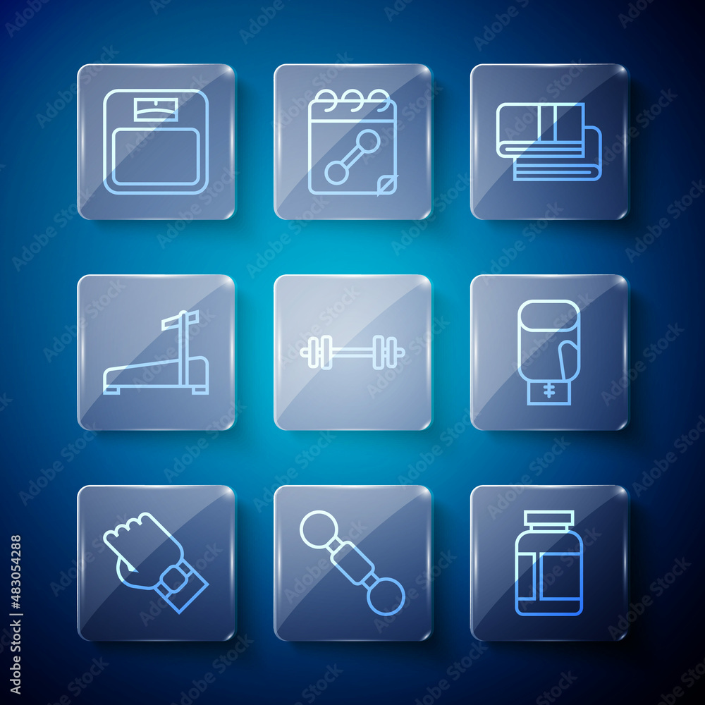 Set line Smart watch on hand, Dumbbell, Sports nutrition, Towel stack, Barbell, Treadmill machine, Bathroom scales and Boxing glove icon. Vector Set line Smart watch on hand, Dumbbell, Sports nutrition, Towel stack, Barbell, Treadmill machine, Bathroom scales and Boxing glove icon. Vector