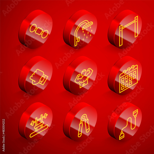 Set line Dumbbell, Shower head, Horizontal bar, Smart watch hand, Bodybuilder muscle, Calendar fitness, Bench with barbel and Sport expander icon. Vector