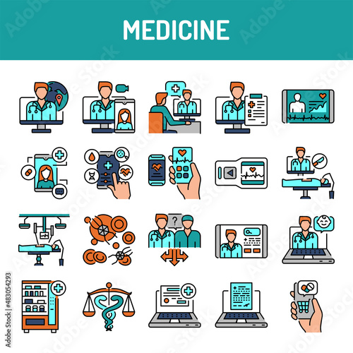Medicine line icons set. Isolated vector element.